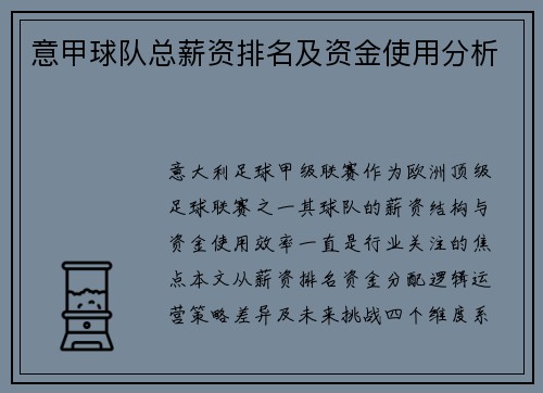 意甲球队总薪资排名及资金使用分析